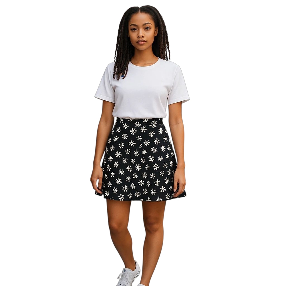 Divided H&M Floral Skater Skirt mini Women 18 Black White Side Zip Lined